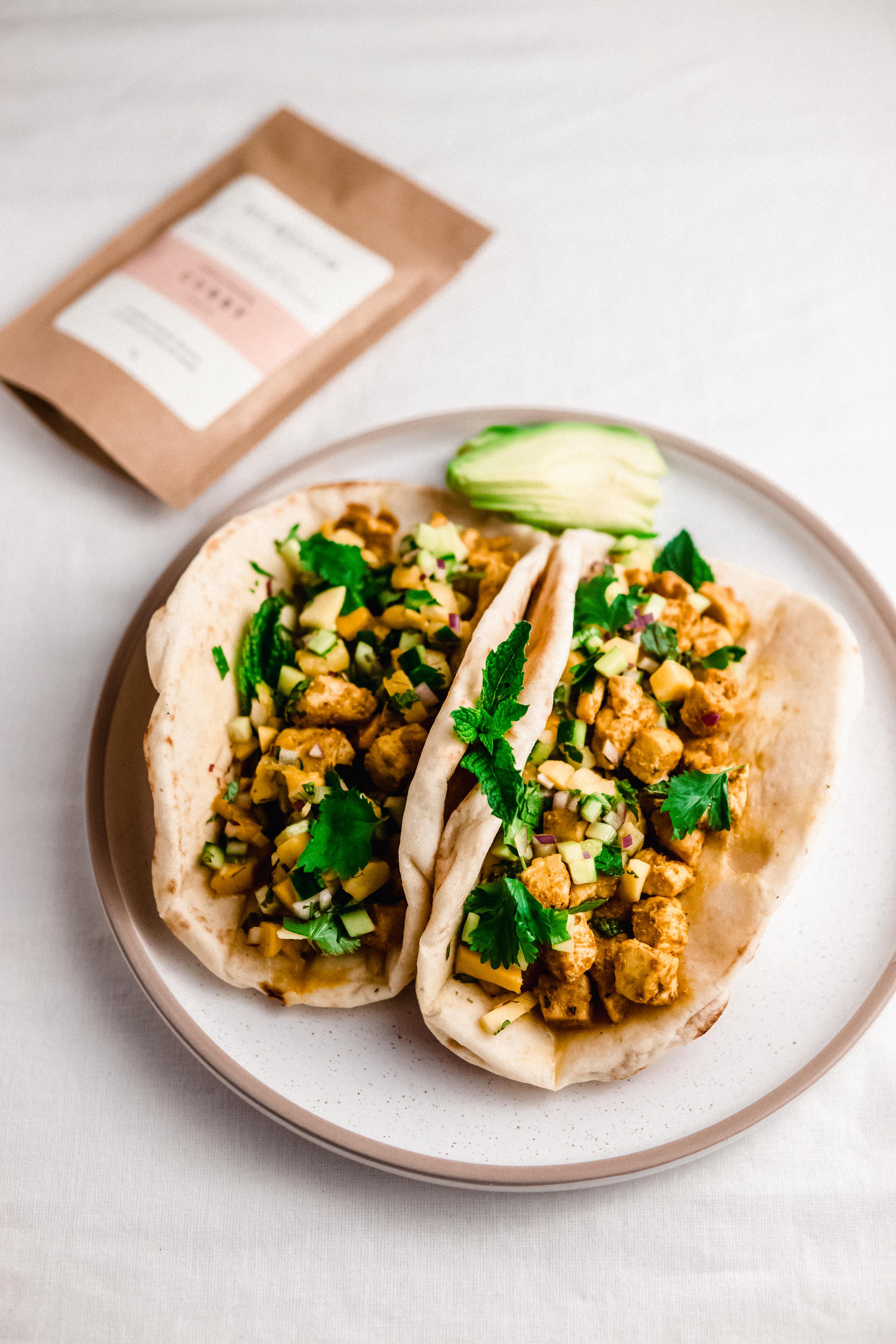 Curried Chicken Naanwich with Mango Cucumber Salsa
