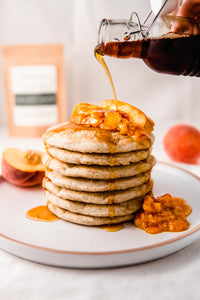 Golden Hour Peach Compote with Fluffy Gluten Free Pancakes